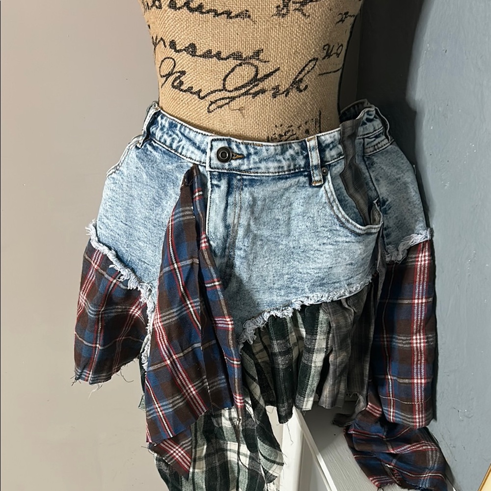 Fashion Nova Plaid Patchwork Asymmetrical Denim Skirt - Blue, Red, Green - Picture 2 of 4